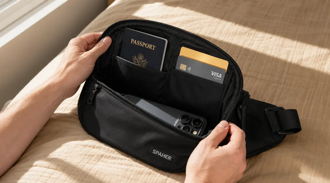 Anti-theft sling bag open on a hotel bed showing RFID blocking pocket, passport, and credit cards organized inside