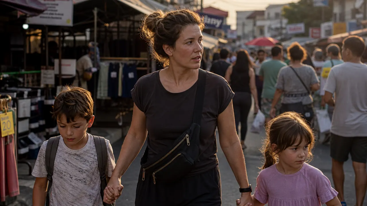 Family walking through a crowded outdoor market, mom wearing a crossbody anti-theft bag, kids alongside her