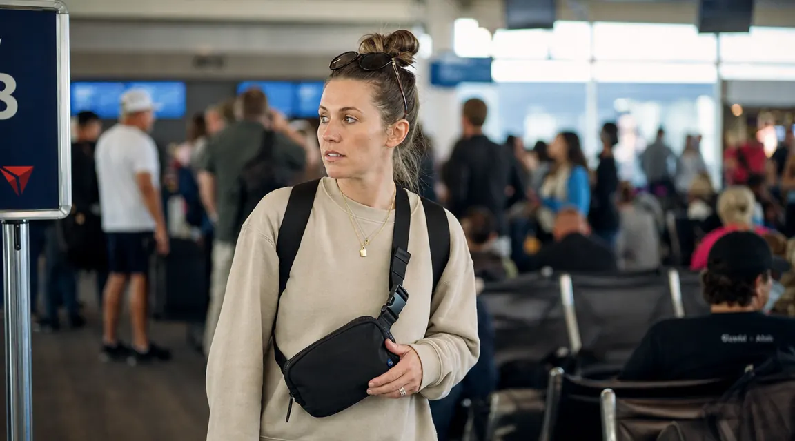 Woman wearing a navy crossbody sling bag at a busy airport terminal, one hand resting on the bag