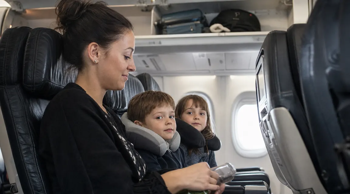 Mom and two young kids settled in airplane seats, kids using neck pillows, everyone looks calm