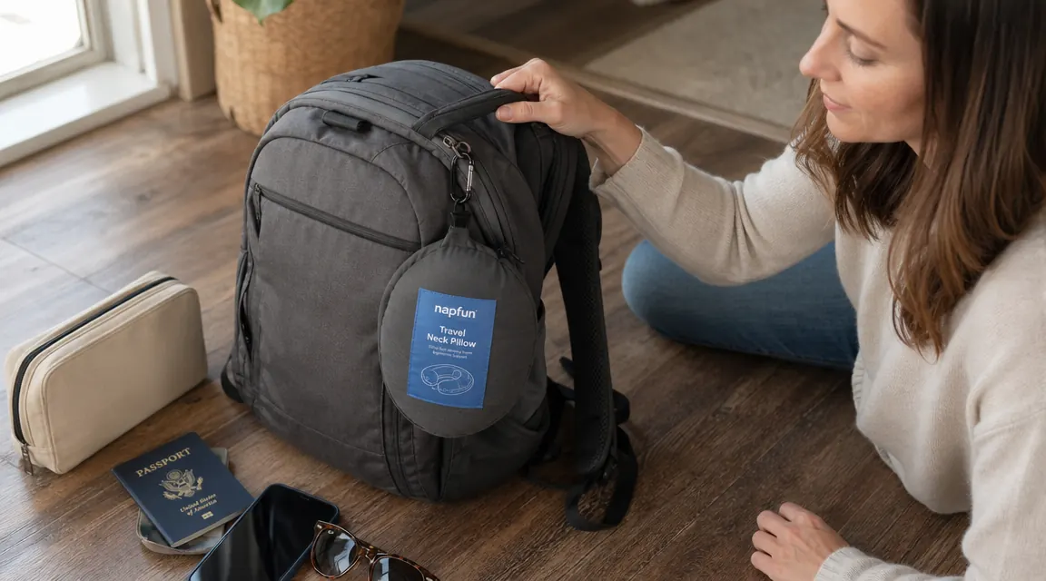 Travel neck pillow clipped to the outside of a backpack strap, ready to pack