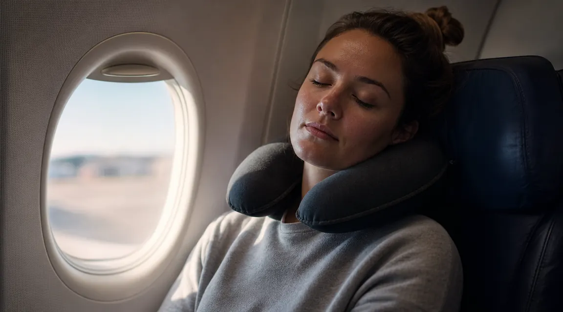 Woman resting with a blue travel neck pillow in an airplane window seat, soft cabin light, eyes closed