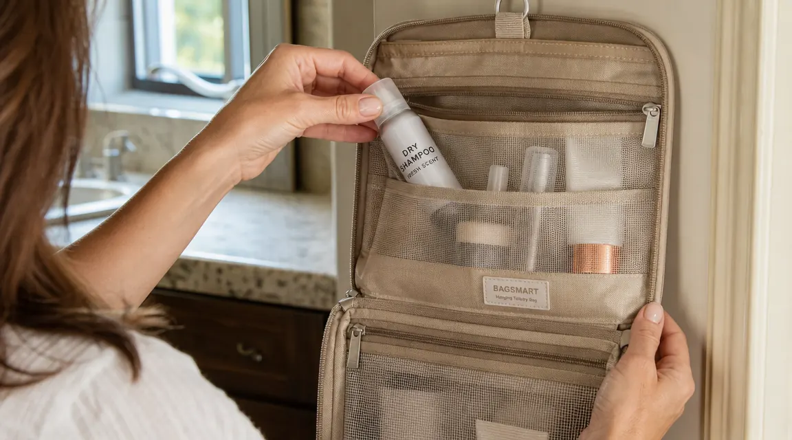 Hand placing a travel-size dry shampoo bottle into a clear mesh pocket in a hanging toiletry bag