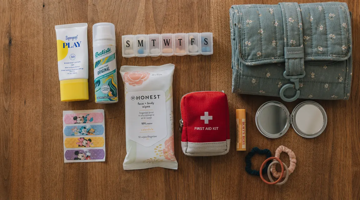Flat lay of 10 travel toiletry essentials arranged neatly on a wood surface beside a hanging toiletry bag