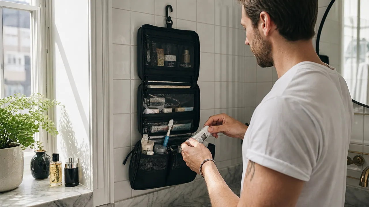 Open hanging toiletry bag with compartments filled with travel-size bottles, suspended from a bathroom hook