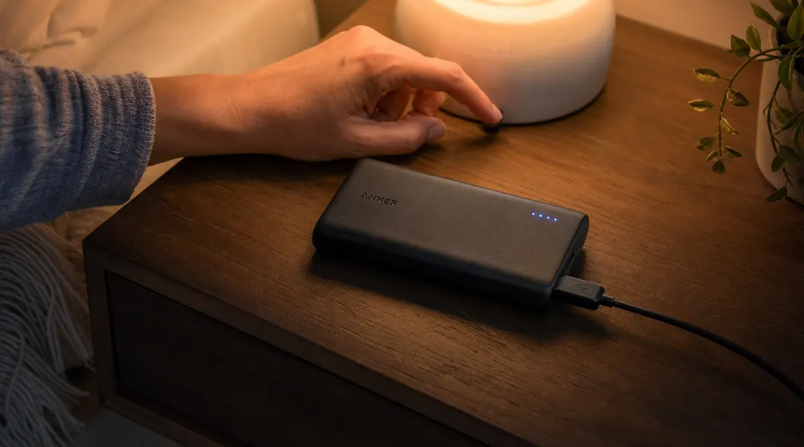 Anker PowerCore 10K showing four LED indicator lights fully lit while connected to a charging cable on a nightstand before a trip