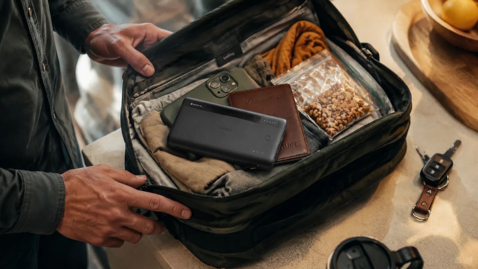 Anker PowerCore 10K power bank sitting on top of an open travel bag next to a phone, passport holder, and snack bag on a kitchen counter before a road trip