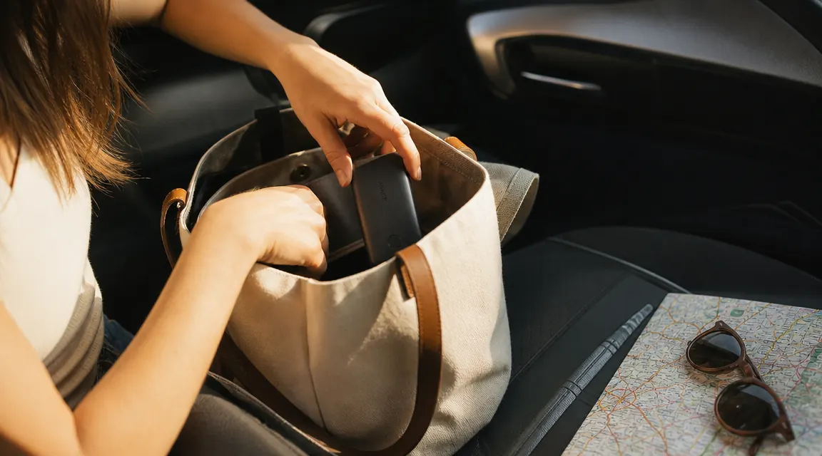 Woman placing an Anker PowerCore 10K power bank into a travel tote bag before a road trip, sunlight through a car window in the background