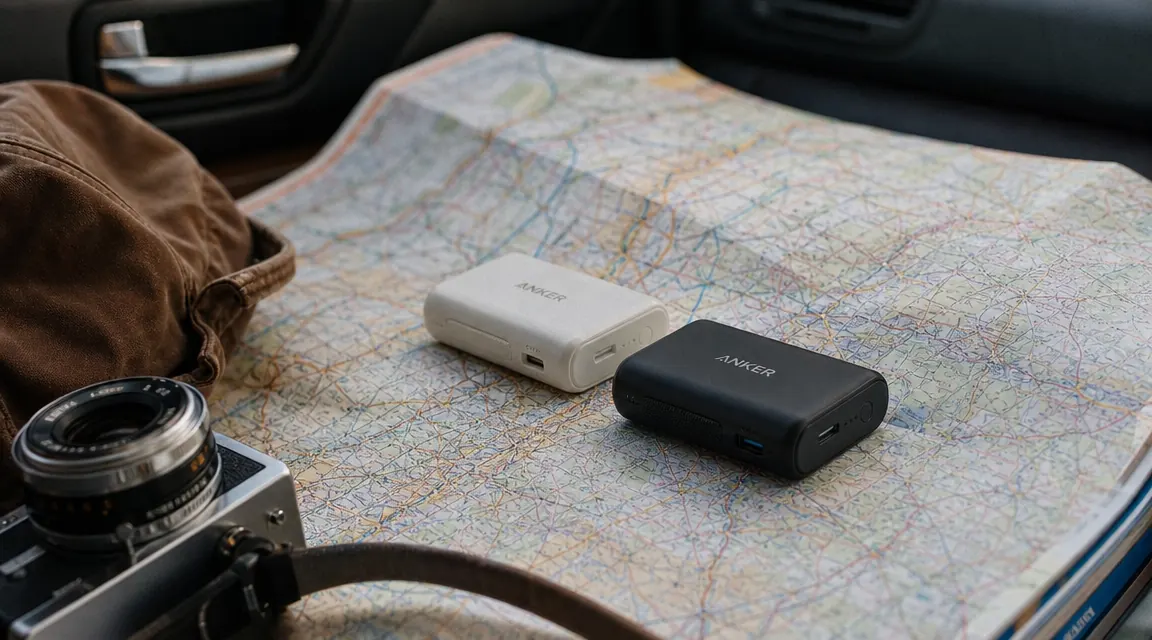 Two portable power banks side by side on a wooden table with a road map in the background