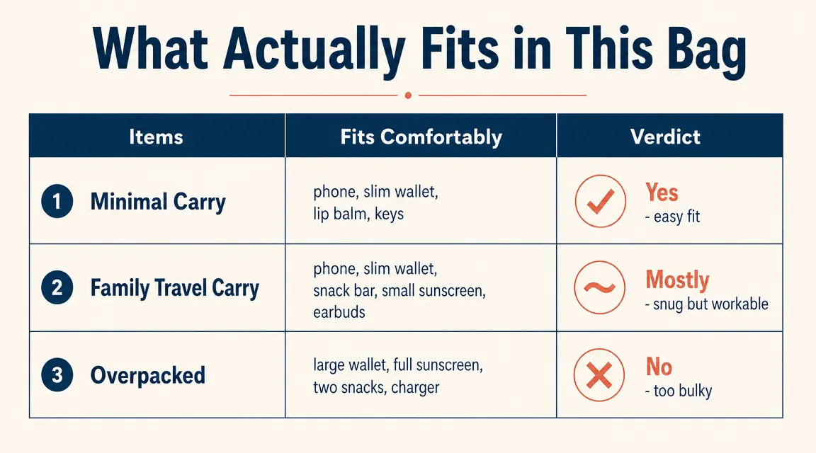 Chart showing how full the SPAHER sling bag gets with different load-outs: minimal carry, family travel carry, and overpacked carry