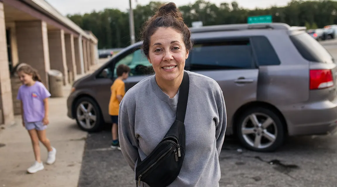 Woman sitting at a highway rest stop picnic table, compact sling bag clipped across her chest, kids in the background near a minivan