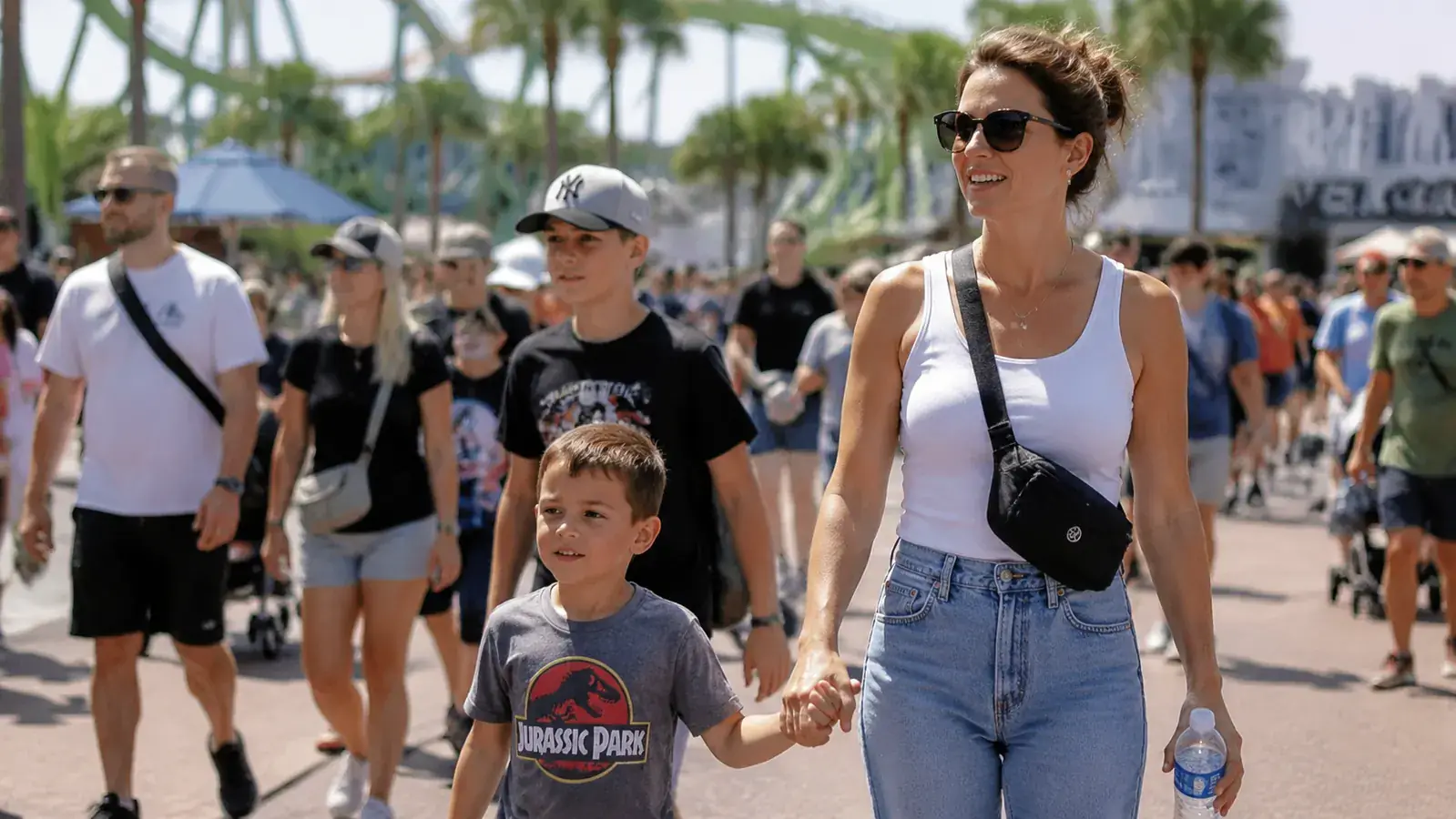 Family walking through a crowded amusement park, mom carrying a compact sling bag crossbody, hands free