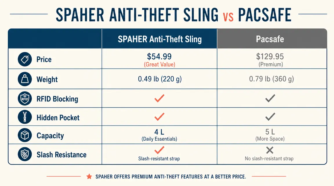 Side-by-side comparison chart showing SPAHER and Pacsafe bag features and prices