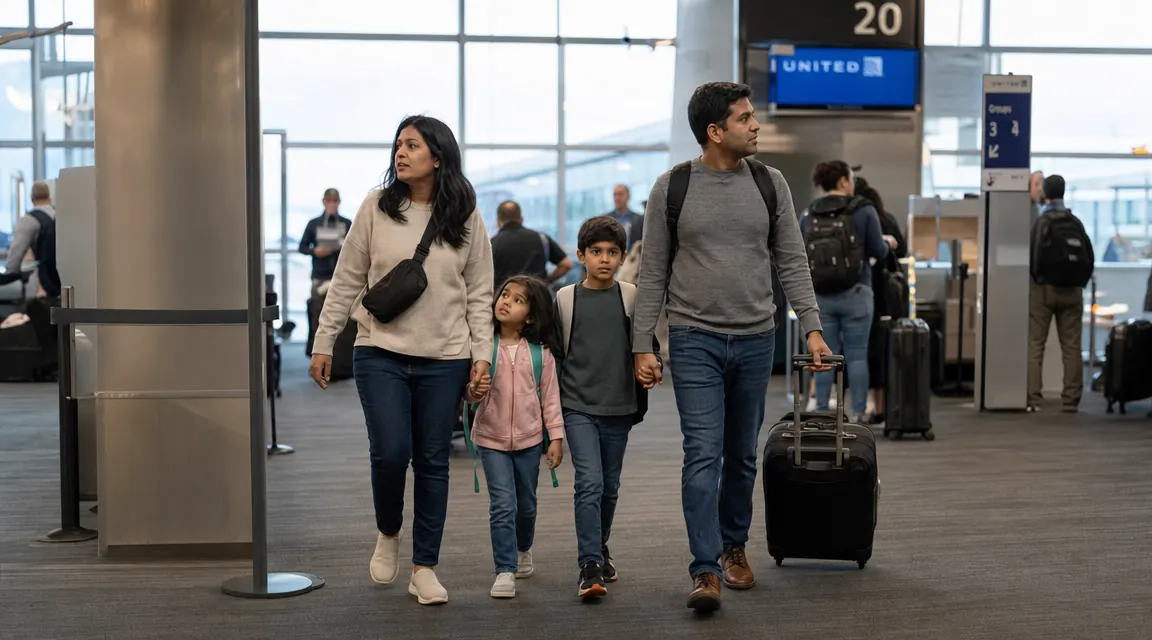 Family of four at an airport terminal with carry-on bags, mom wearing a crossbody sling bag