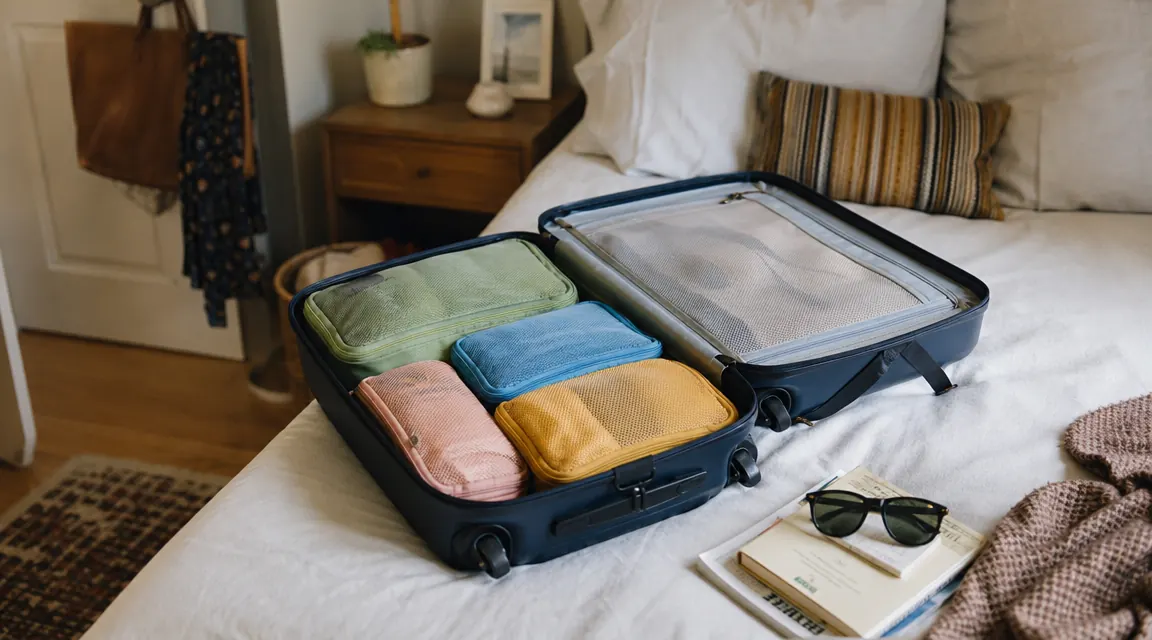 Open suitcase on a bed showing color-coded packing cubes organized by family member, morning light from a window
