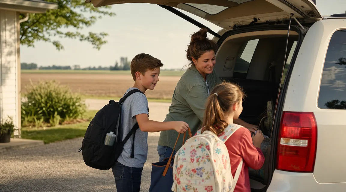 Mother and two kids loading luggage into a minivan for a road trip