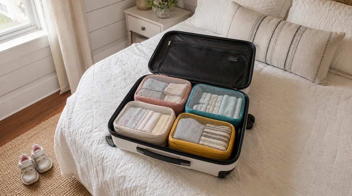 Open suitcase on a bed with colorful BAGAIL packing cubes organized inside, children's shoes visible beside the luggage