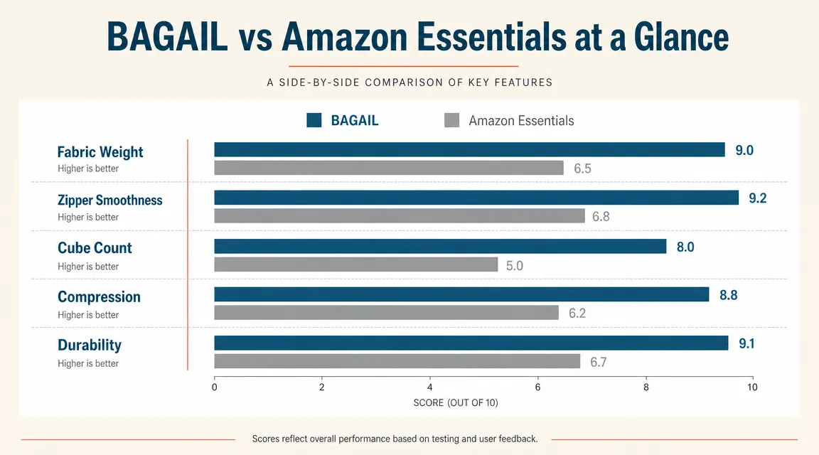 Chart comparing BAGAIL and Amazon Essentials packing cubes across five categories: fabric weight, zipper smoothness, cube count, compression, and durability rating
