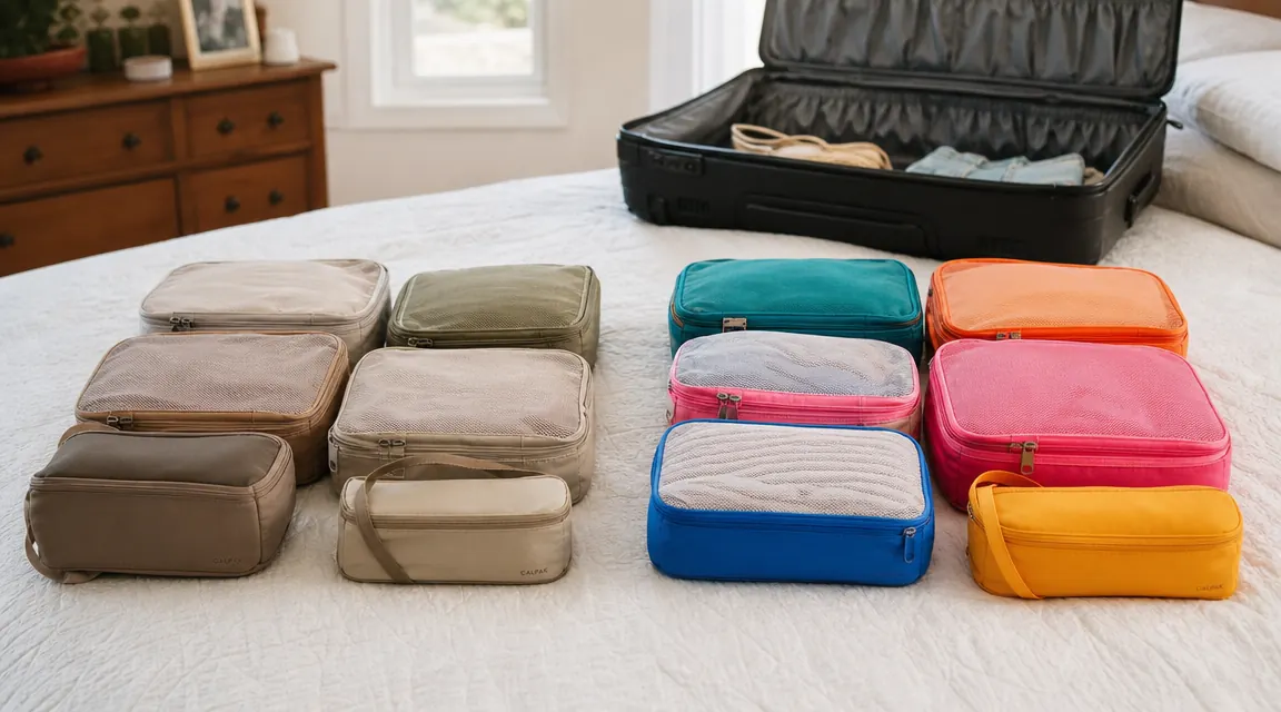 Two sets of colorful packing cubes laid out side by side on a bed next to an open suitcase