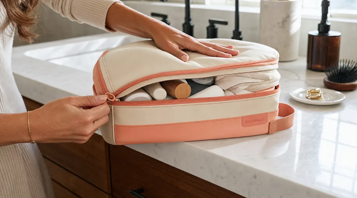 Woman pressing down on the contents of a packed BAGSMART toiletry bag trying to zip it closed on a bathroom counter