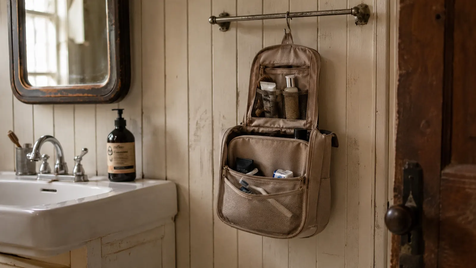 BAGSMART toiletry bag open and hanging from a rustic wooden towel bar in a farmhouse-style bathroom, contents slightly overfilled, honest and lived-in