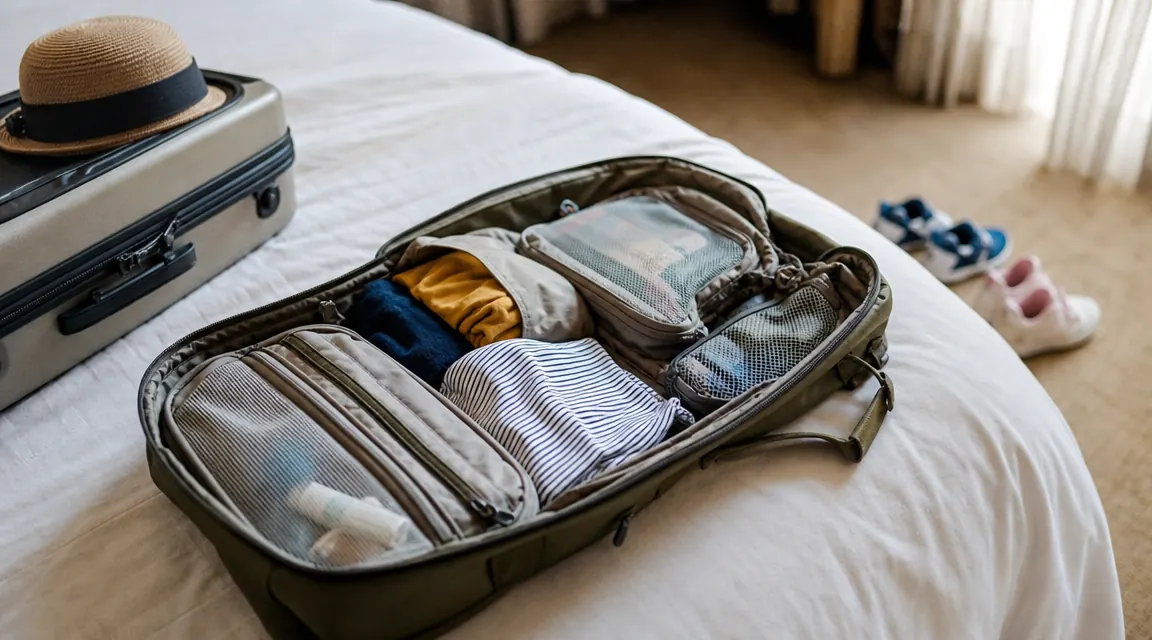 BAGSMART toiletry bag laid flat open next to a packed carry-on suitcase on a bed