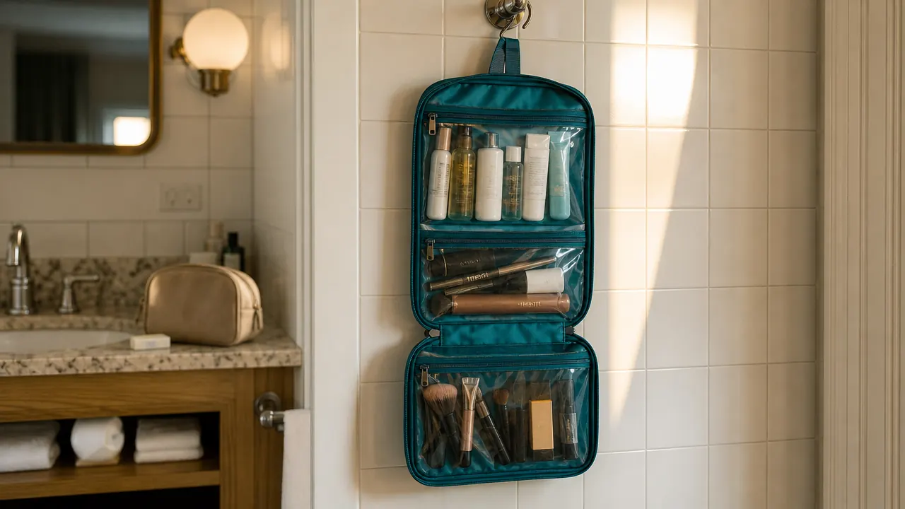 BAGSMART hanging toiletry bag open on a hotel bathroom hook with toiletries organized in clear pockets