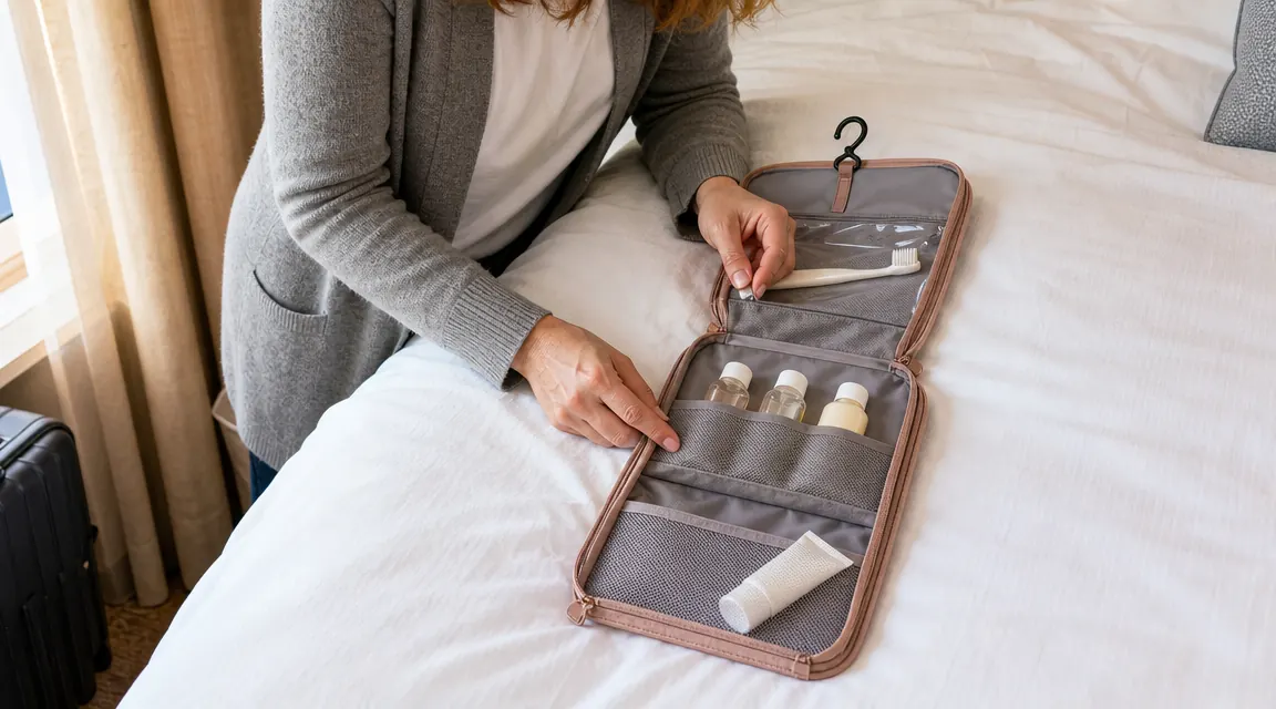 Close-up of a toiletry bag laid flat showing organized pockets with travel-size bottles and a brush visible