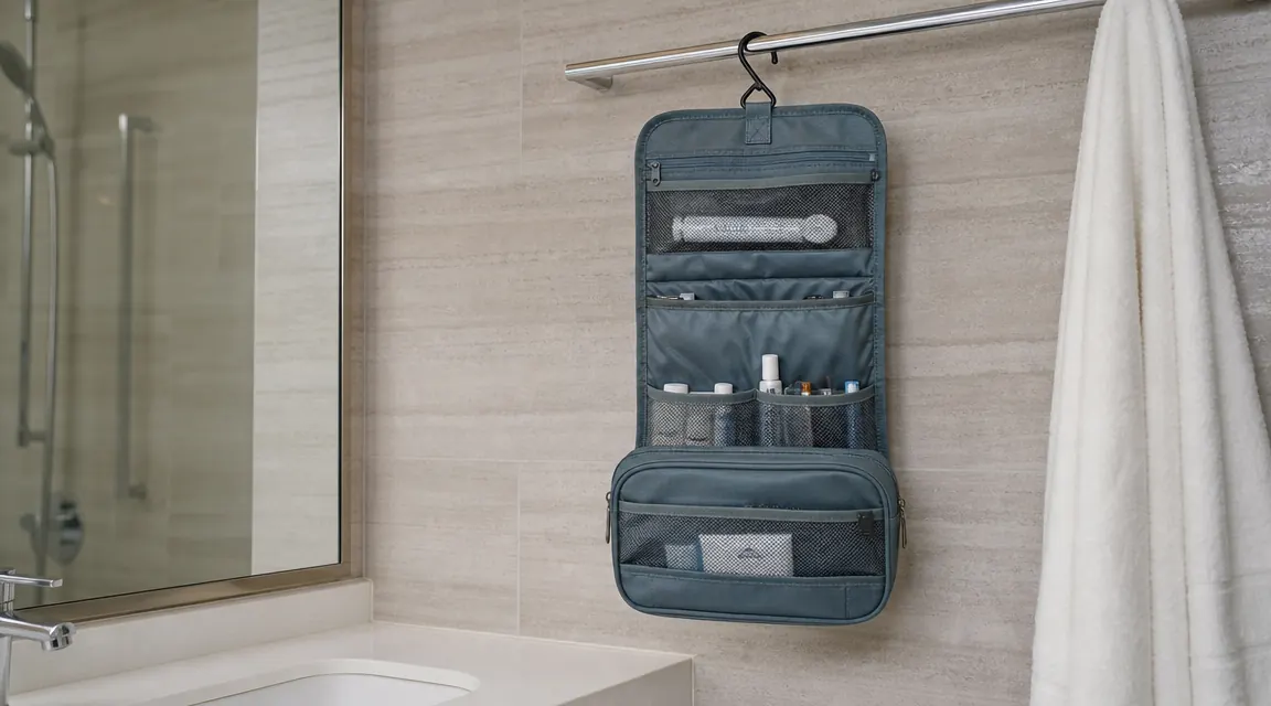 Morning light through hotel bathroom window, a hanging toiletry bag with pockets open on the towel bar