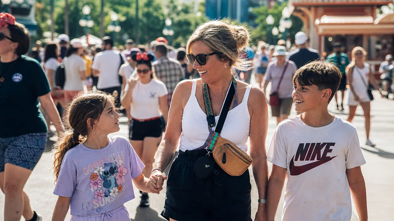 Mom and two young kids walking through a busy theme park on a sunny day, crowds visible in the background
