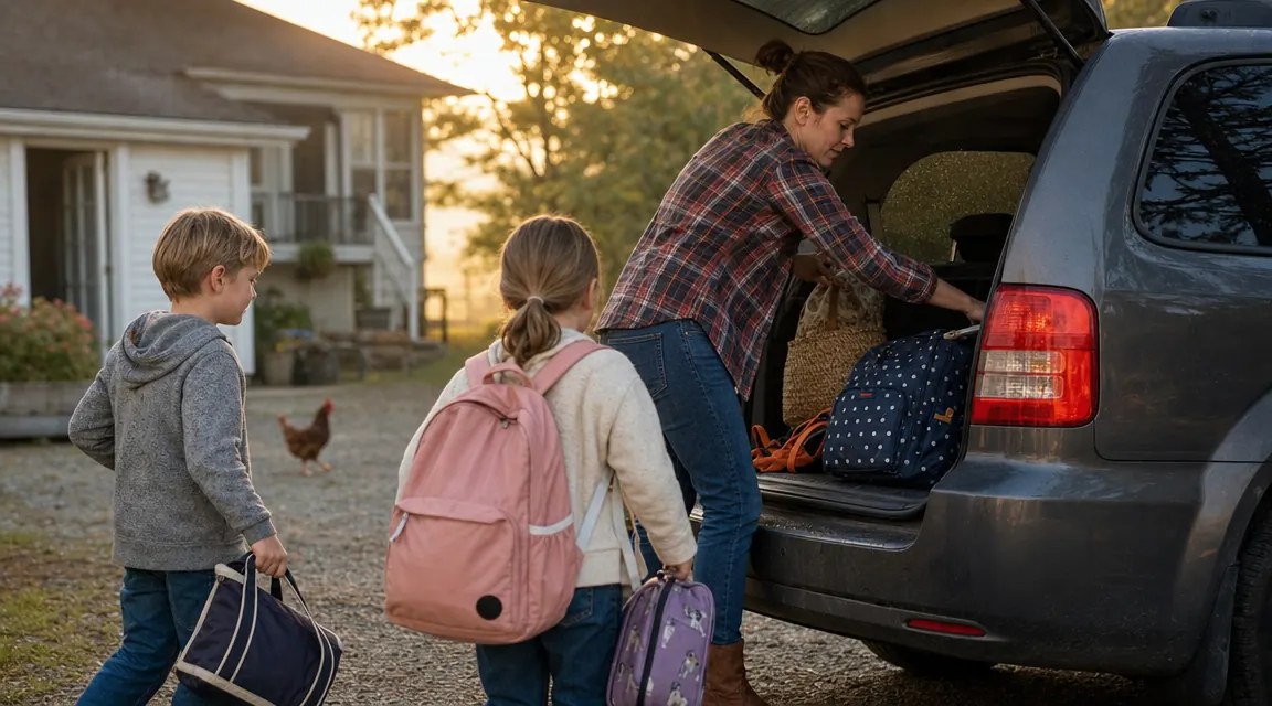 A mom and two kids loading bags into a minivan in a farmhouse driveway on a sunny morning, ready for a road trip