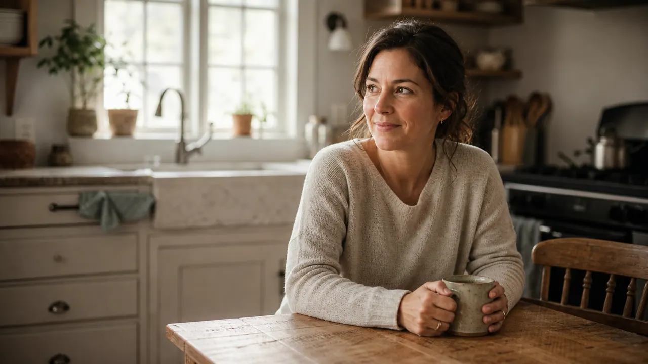 Woman at a kitchen table holding a cup of coffee, looking relaxed, morning light through a farmhouse window