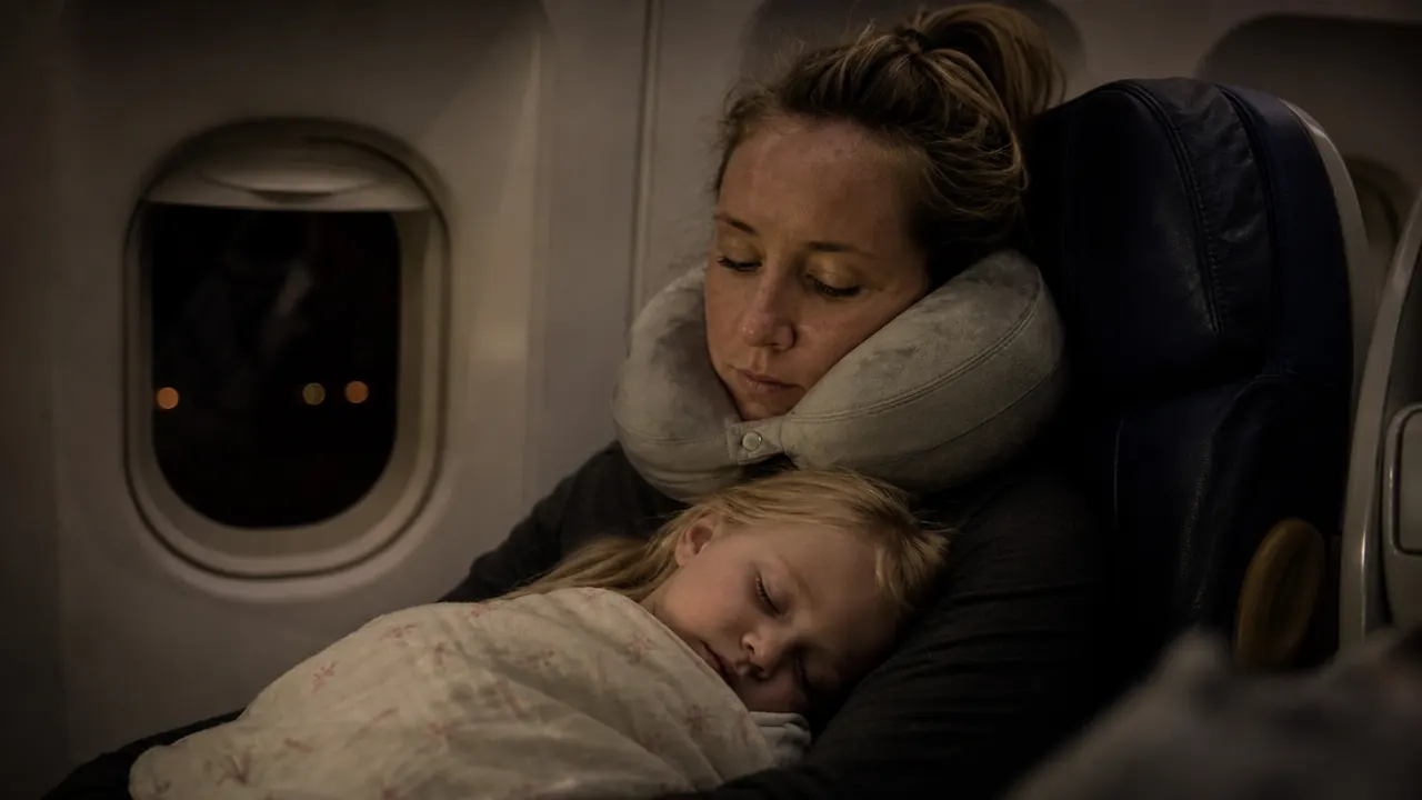 Mom and two young children settled in airplane seats at night, soft cabin lighting, child asleep on mom's shoulder