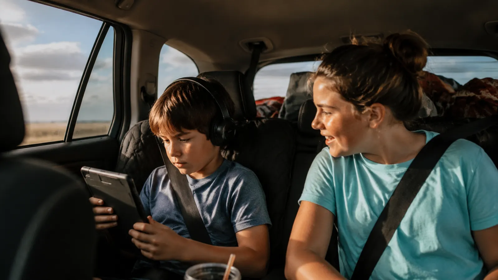 Two kids in the back seat of a car, one watching a tablet and one looking out the window on a sunny highway road trip