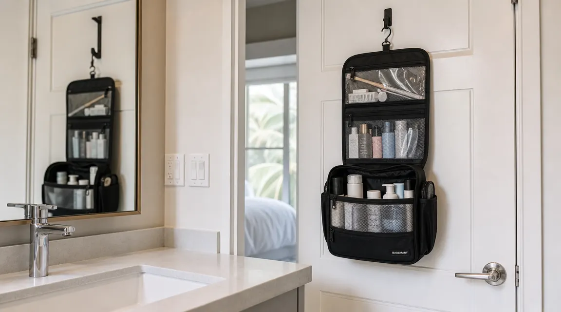A hanging toiletry bag open on a bathroom towel hook, showing neatly organized compartments with travel-sized bottles and a toothbrush holder