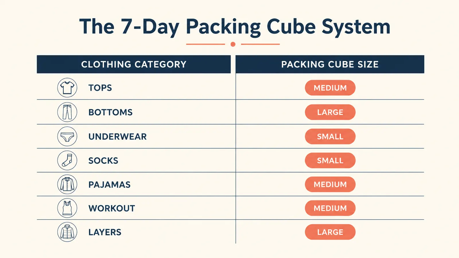 Chart showing seven clothing categories mapped to different packing cube sizes, with a checkmark system for a 7-day trip