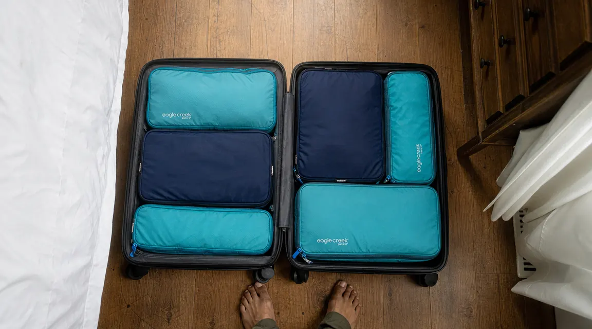 Open carry-on suitcase packed with colorful packing cubes organized in neat rows on a bedroom floor, ready for a family trip