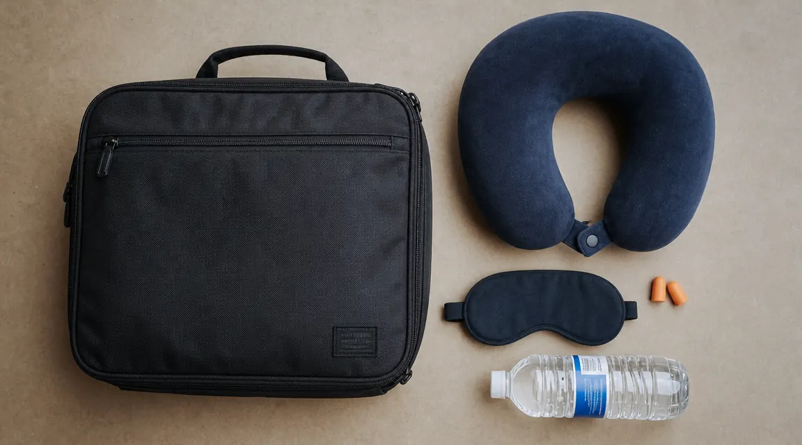 Overhead view of a carry-on tote with a neck pillow, eye mask, and ear plugs laid out together