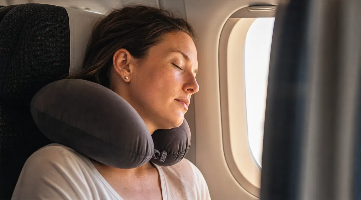 Woman sleeping comfortably in a window seat on an airplane with a travel neck pillow