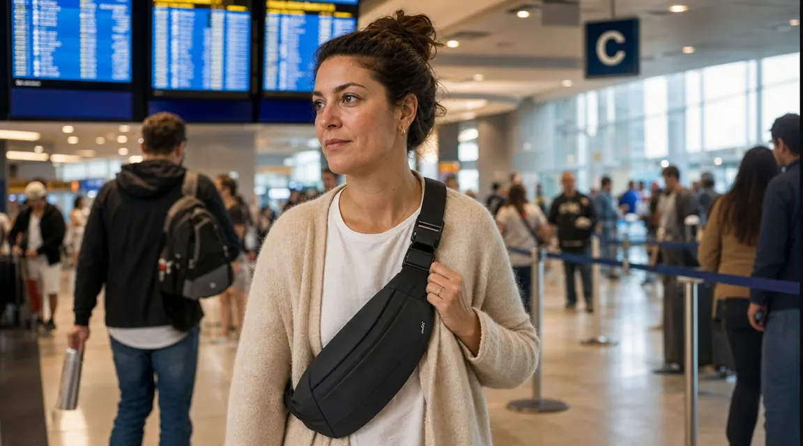 Woman in a busy airport terminal wearing a crossbody anti-theft sling bag, keeping one hand lightly on the bag while scanning a departure board