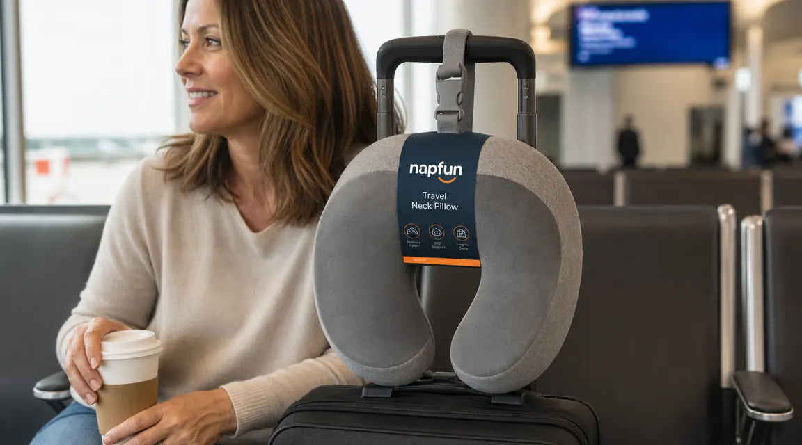 Close-up of a napfun travel neck pillow clipped to the outside of a carry-on bag handle at an airport gate