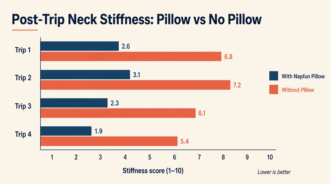 Side-by-side comparison chart showing neck stiffness ratings after four different trips with and without a travel neck pillow
