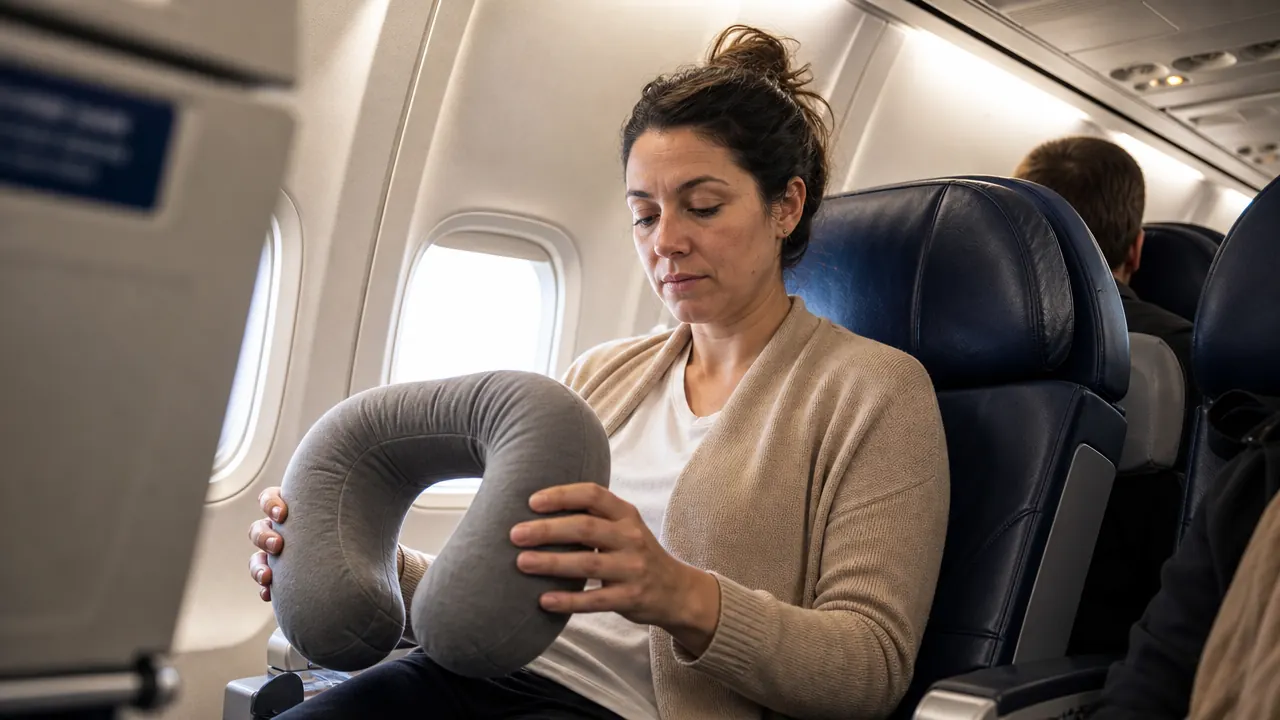 Woman on an airplane looking tired and holding a gray travel neck pillow before putting it on, overhead bin visible in background