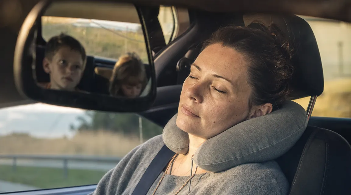 Woman resting with a gray travel neck pillow in a car passenger seat on a long road trip, soft afternoon light through the window
