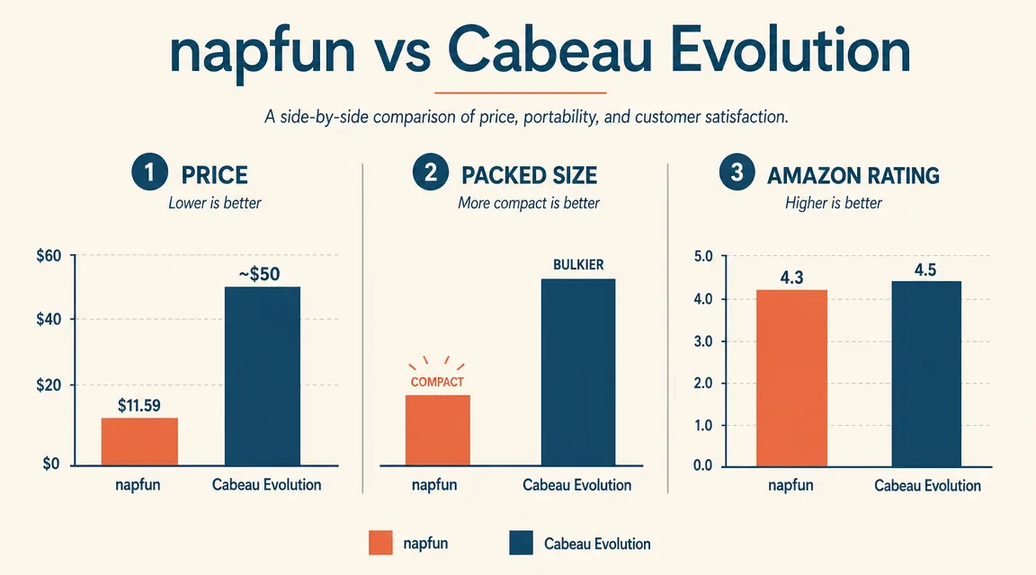 Chart comparing napfun and Cabeau Evolution neck pillows across price, weight, and packability