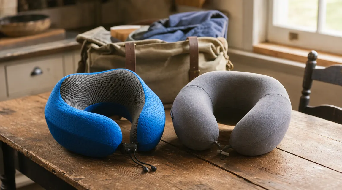 Two travel neck pillows side by side on a wooden surface near a packed travel bag