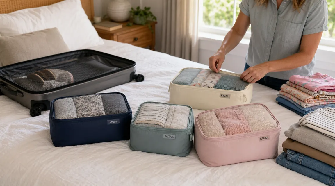 BAGAIL packing cubes laid out on a bed next to an open suitcase, organized by family member
