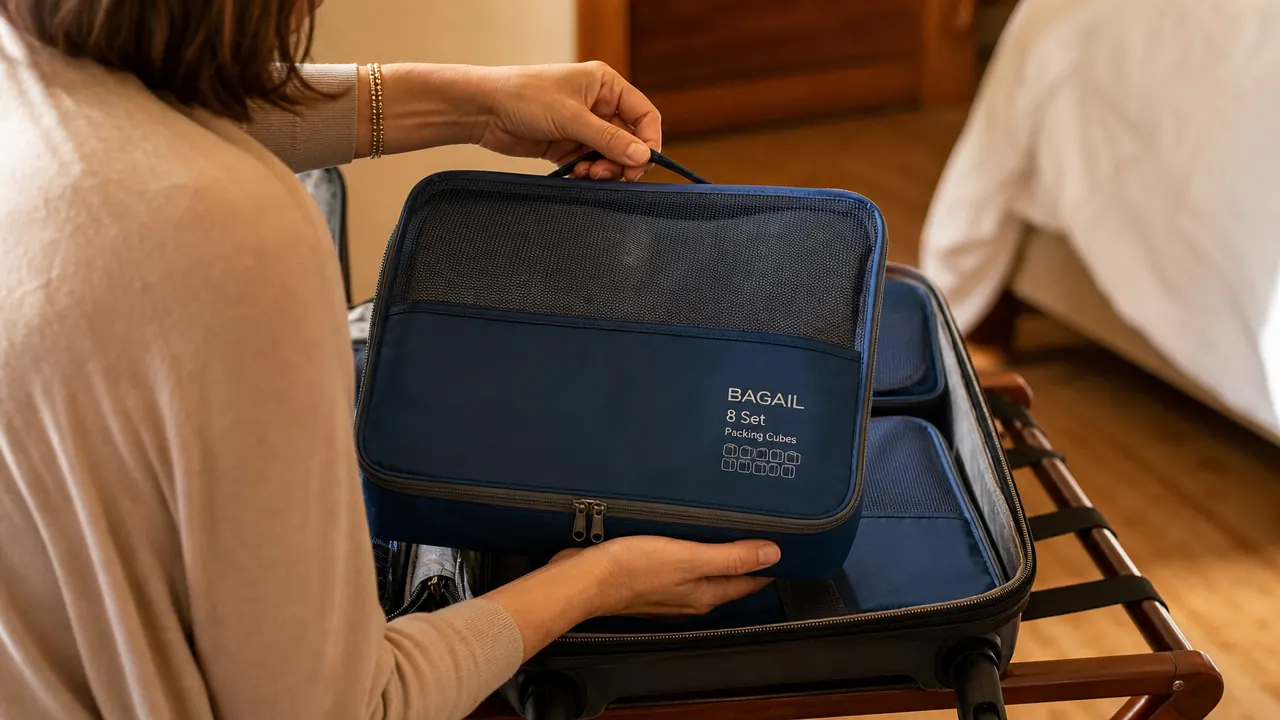 Woman's hand pulling a labeled packing cube out of a suitcase in a hotel room