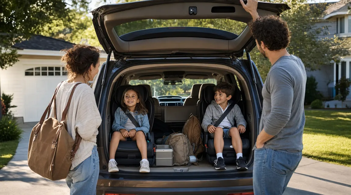 Minivan packed and ready for a summer road trip, doors open in a sunny driveway, two kids visible in the back seats